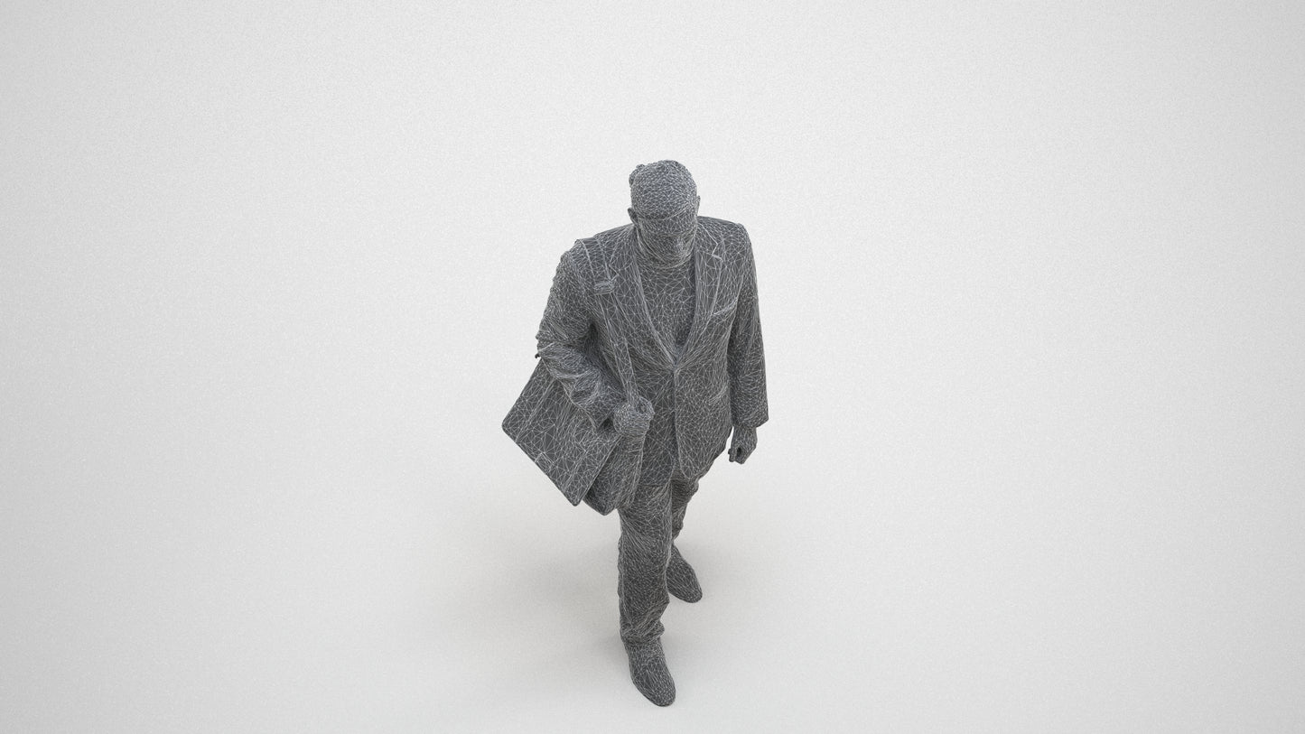 realistic 3D human man business walking, archviz people FBX OBJ for Blender, wireframe three-quarter view