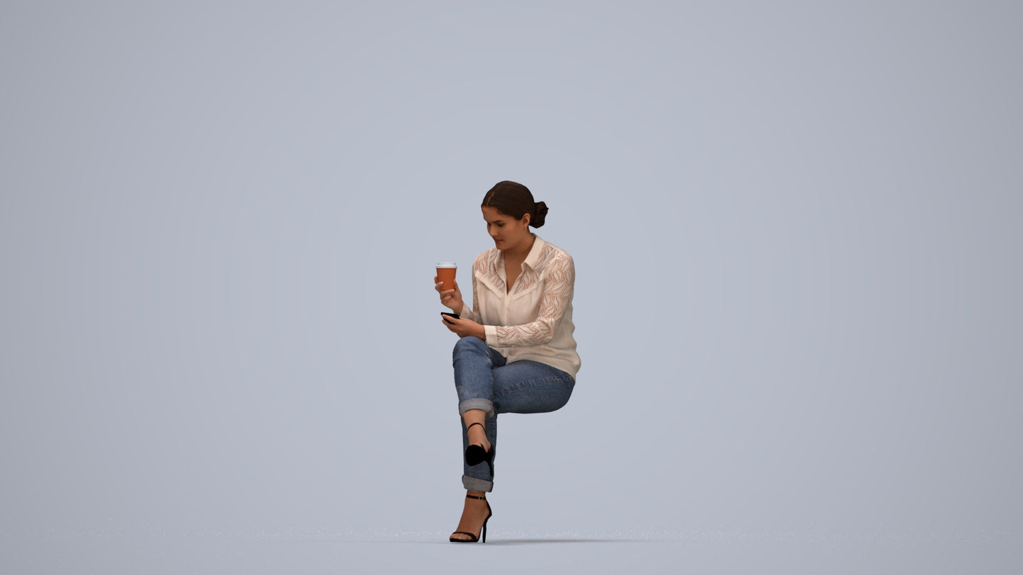 realistic 3D woman casual sitting, scanned archviz people for Blender and 3ds Max, top-down view render