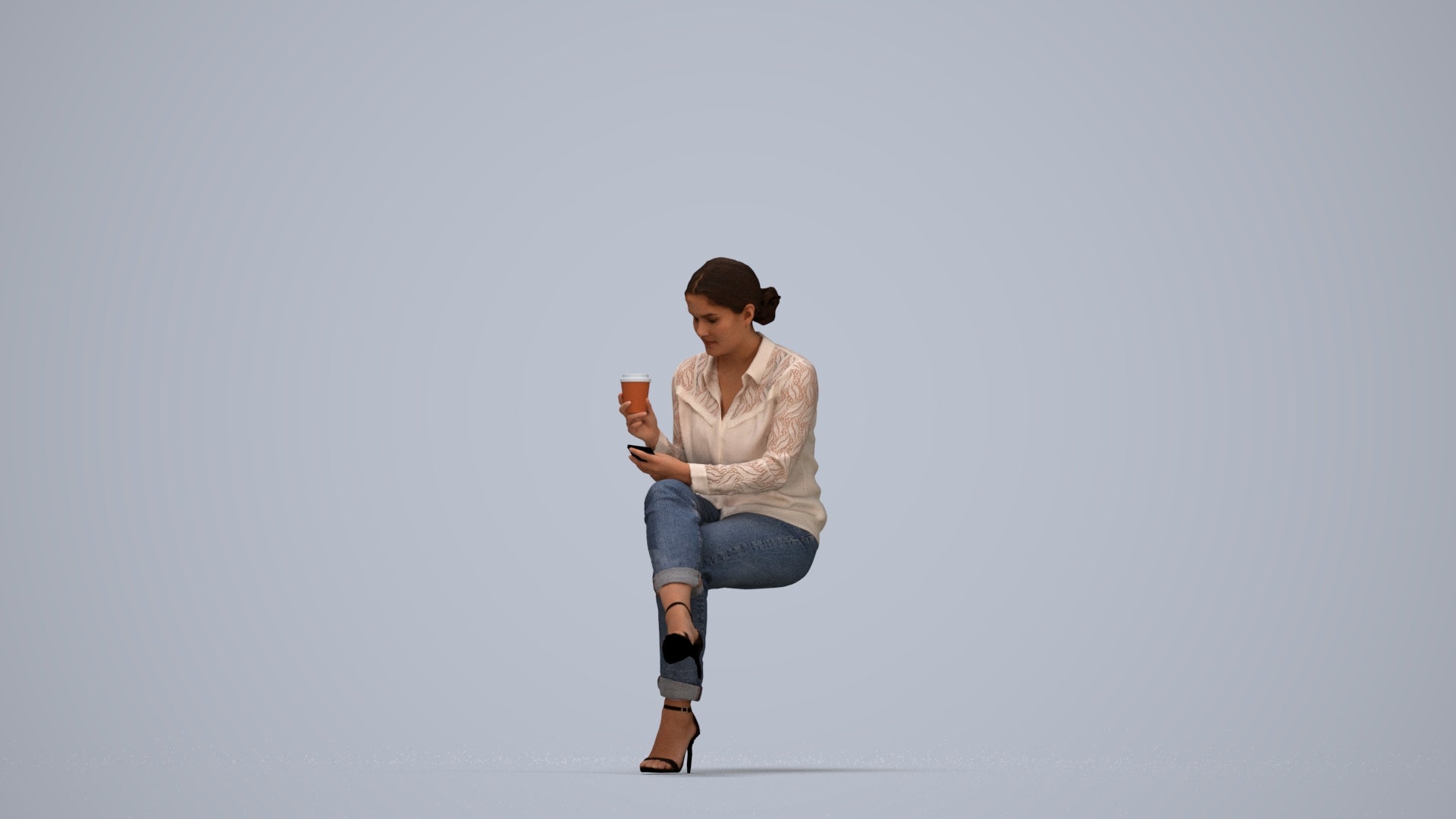 realistic 3D woman casual sitting, scanned archviz people for Blender and 3ds Max, top-down view render