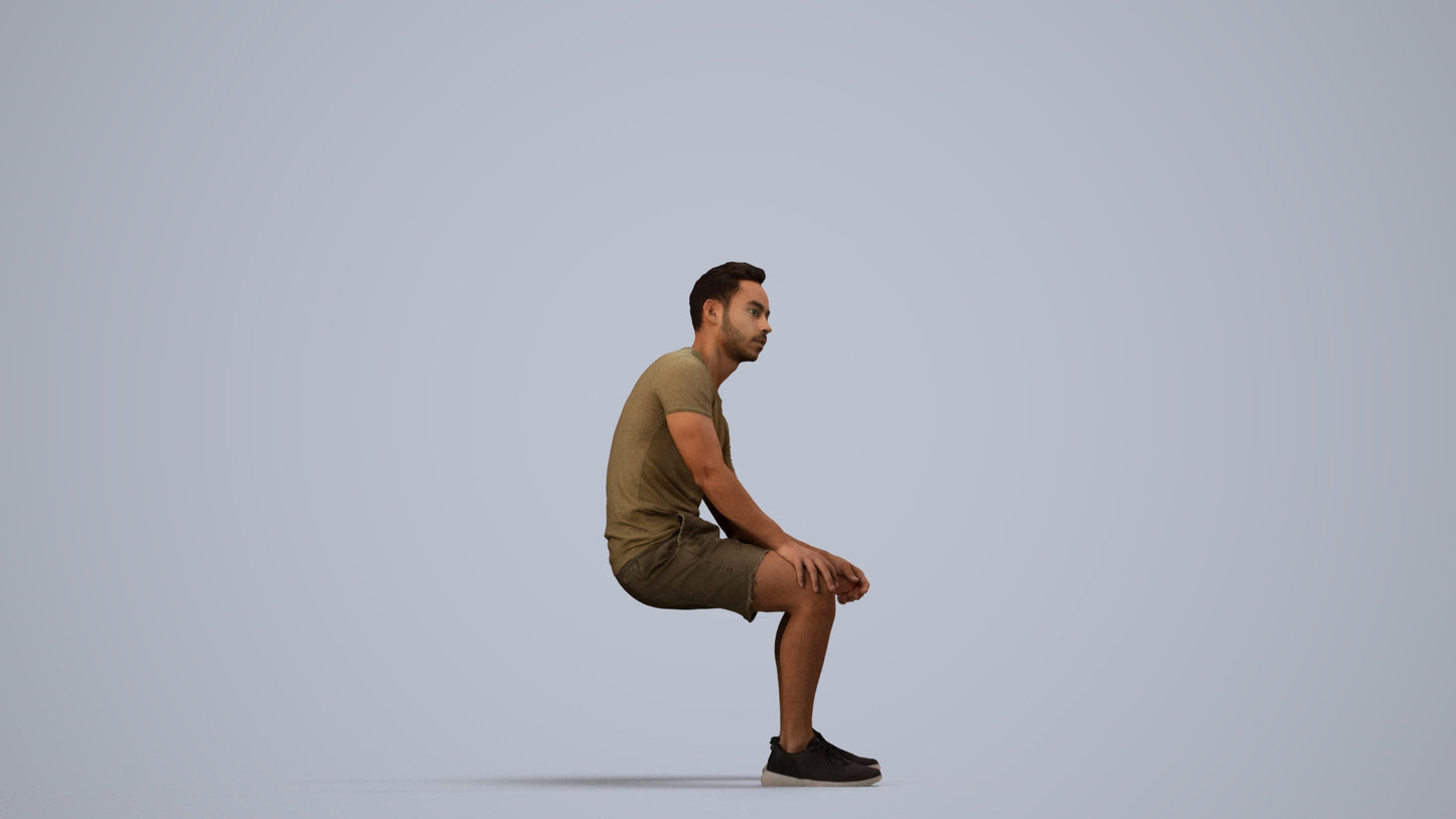 realistic 3D human man casual sitting, archviz people FBX OBJ for Blender, side view render