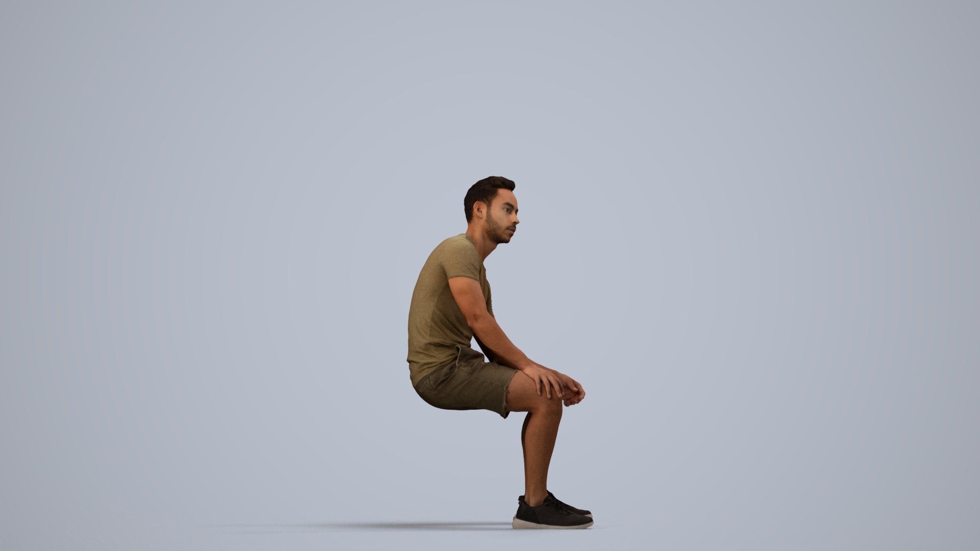 realistic 3D human man casual sitting, archviz people FBX OBJ for Blender, side view render