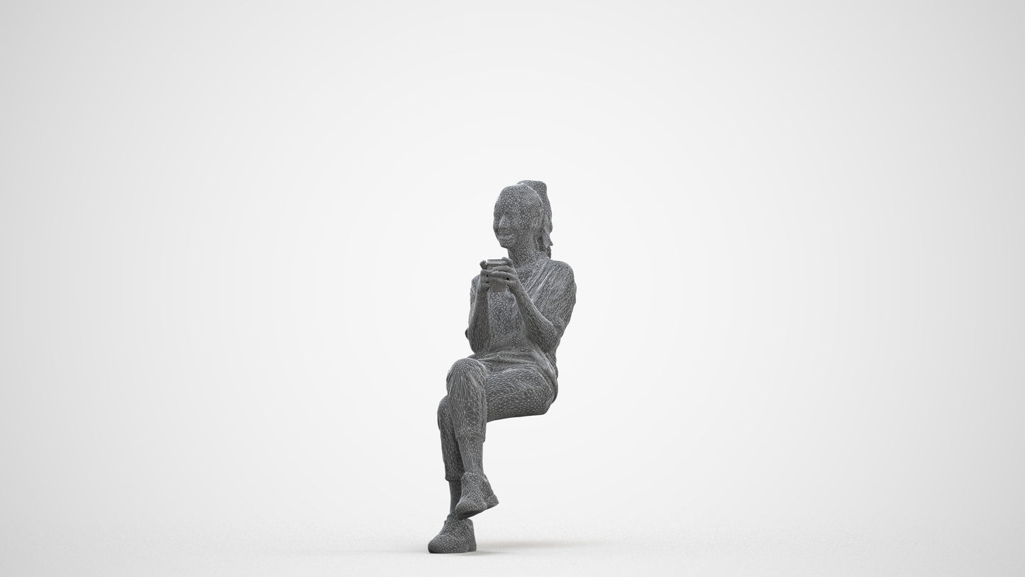 realistic 3D woman casual sitting, scanned archviz people for Blender and 3ds Max, three-quarter front view render
