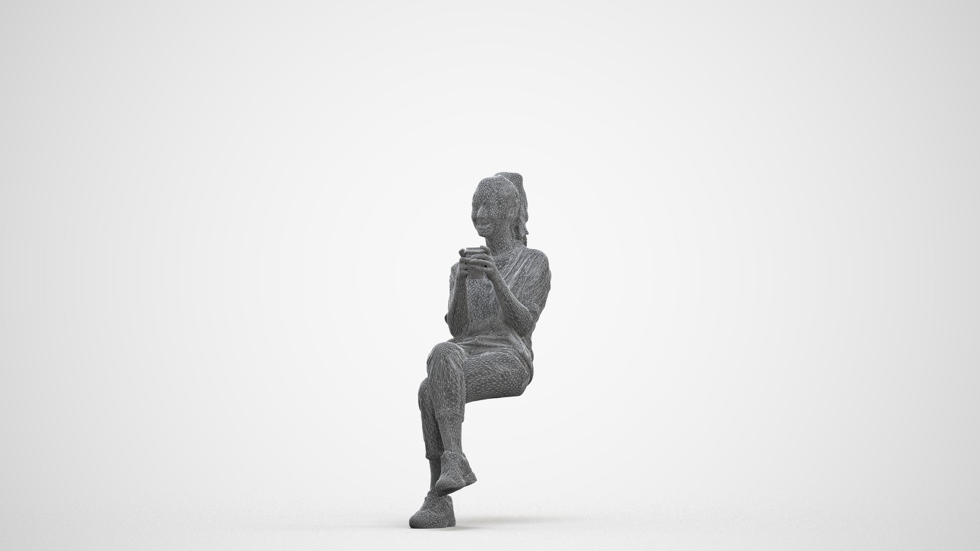 realistic 3D woman casual sitting, scanned archviz people for Blender and 3ds Max, three-quarter front view render