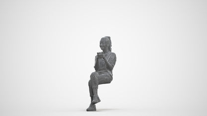 realistic 3D woman casual sitting, scanned archviz people for Blender and 3ds Max, three-quarter front view render