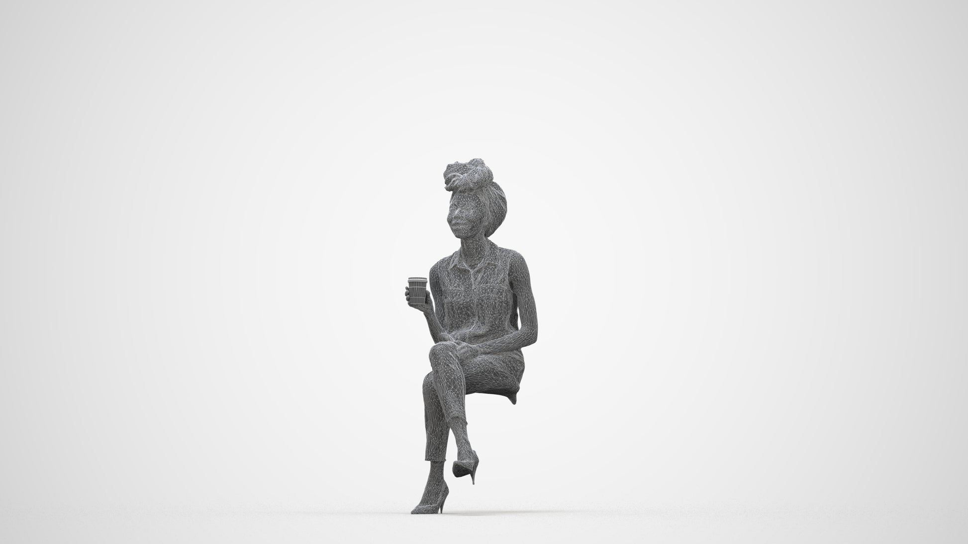 photogrammetry 3D woman casual sitting, realistic human model archviz FBX, wireframe back view