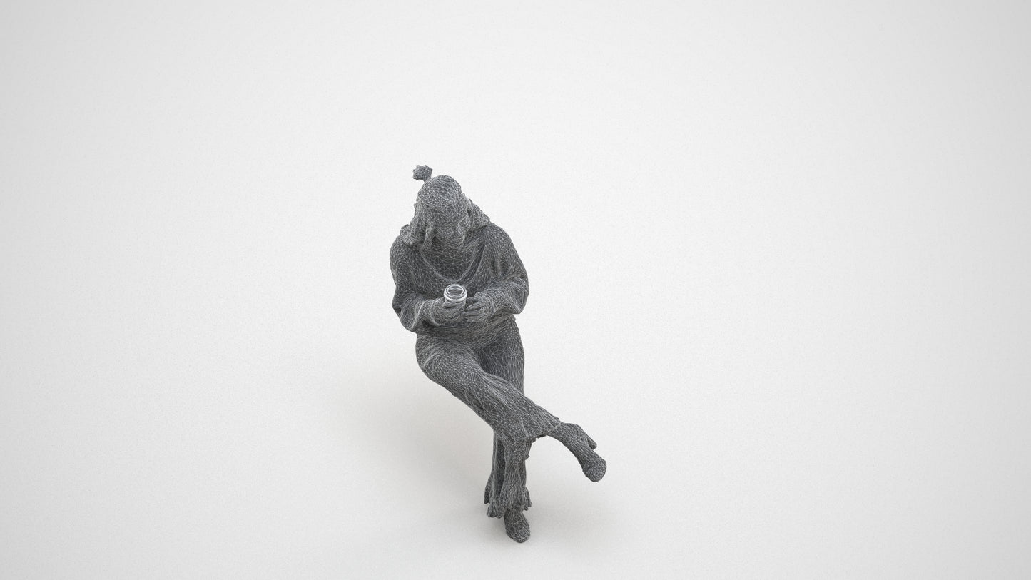 realistic 3D people woman casual sitting, render-ready for V-Ray and Corona, FBX OBJ, wireframe three-quarter view