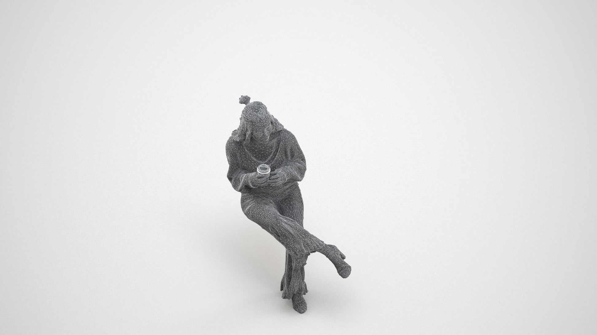 realistic 3D people woman casual sitting, render-ready for V-Ray and Corona, FBX OBJ, wireframe three-quarter view