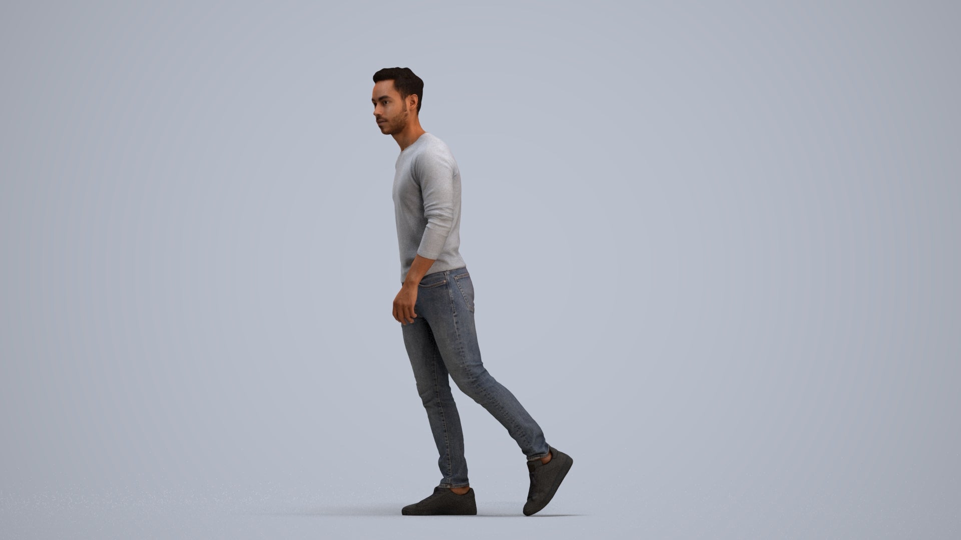 3D human model man casual walking, photogrammetry scanned person for archviz, standing pose render