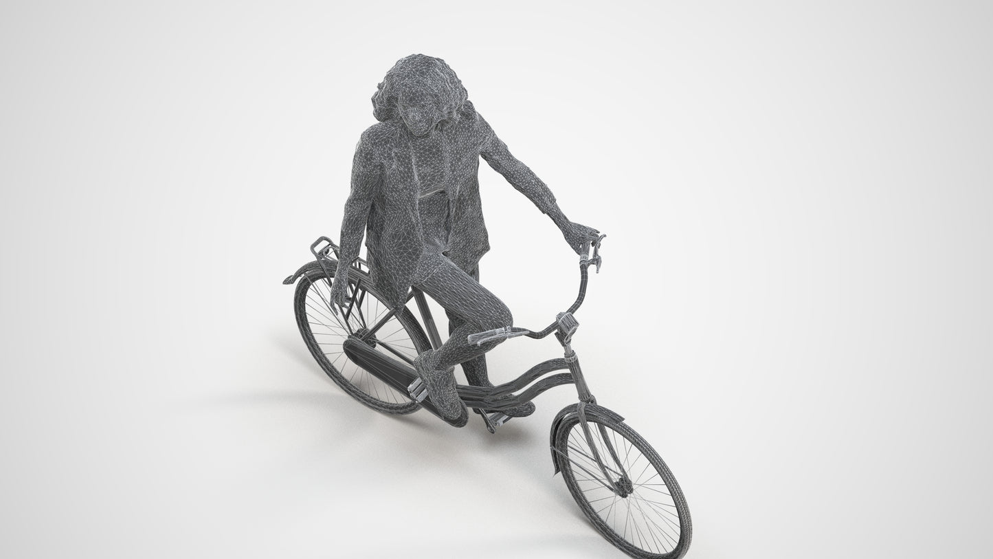 3D scanned woman cycling business, photorealistic archviz people for Enscape and SketchUp, wireframe three-quarter view