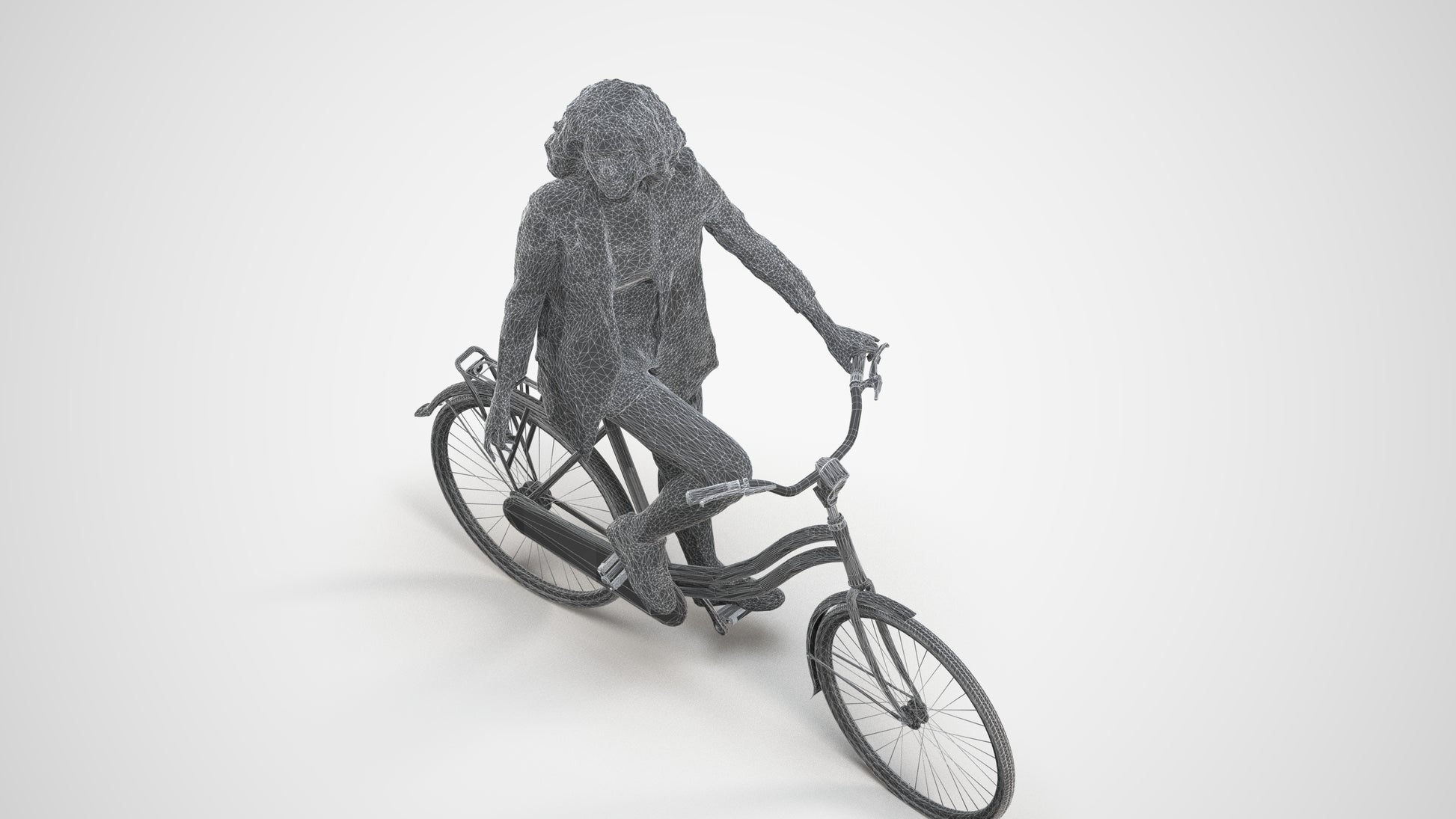 3D scanned woman cycling business, photorealistic archviz people for Enscape and SketchUp, wireframe three-quarter view
