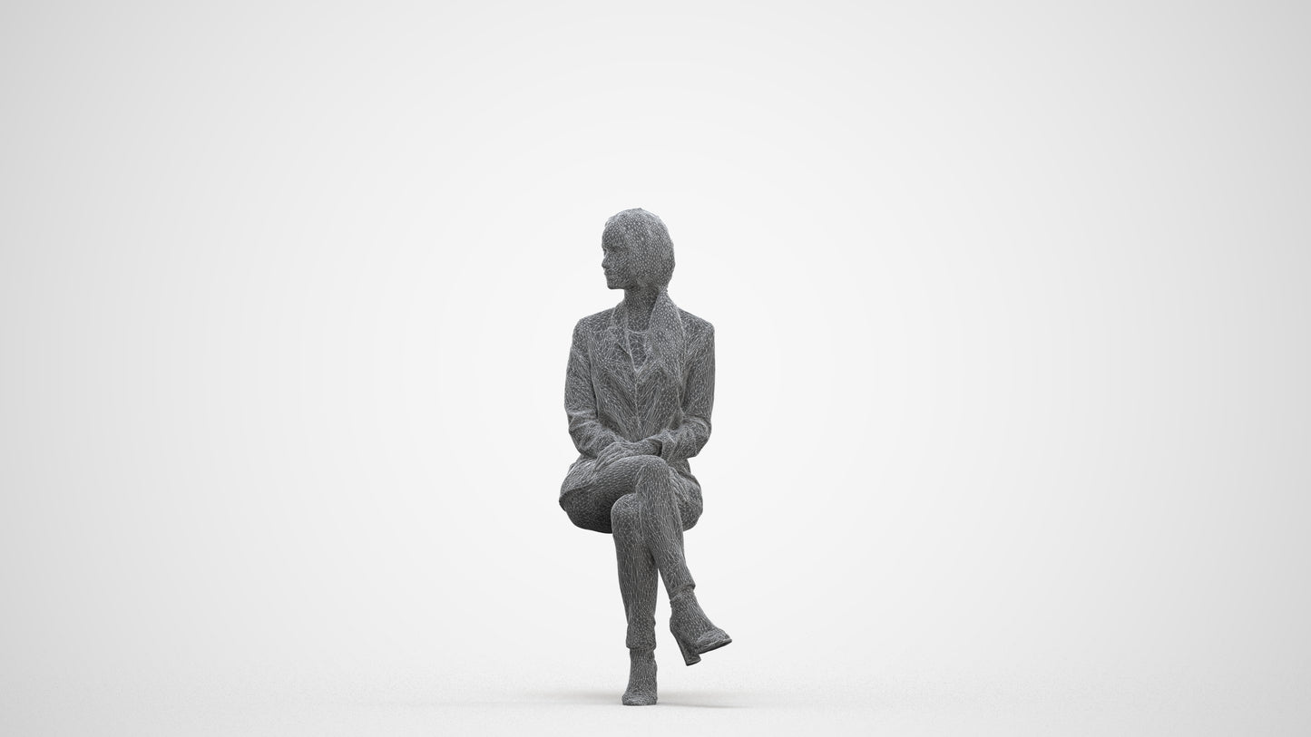 3D scanned woman sitting business, photorealistic archviz people for Enscape and SketchUp, three-quarter front view render