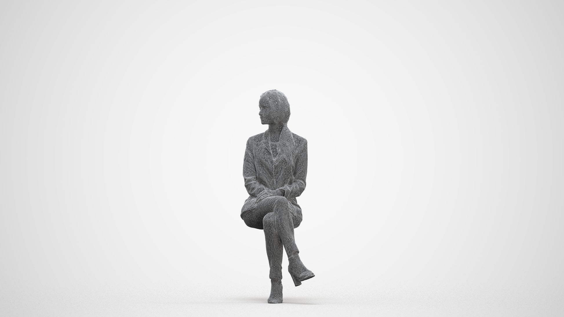 3D scanned woman sitting business, photorealistic archviz people for Enscape and SketchUp, three-quarter front view render