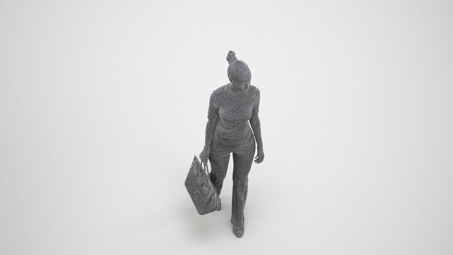 realistic 3D human woman casual walking, archviz people FBX OBJ for Blender, wireframe three-quarter view