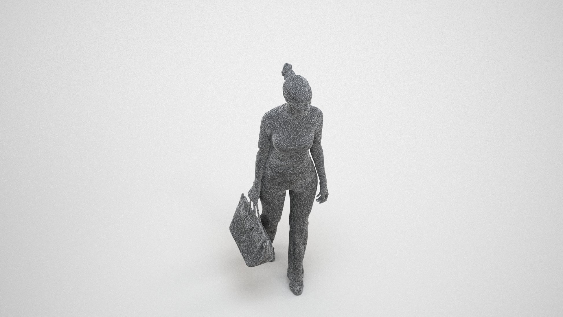 realistic 3D human woman casual walking, archviz people FBX OBJ for Blender, wireframe three-quarter view