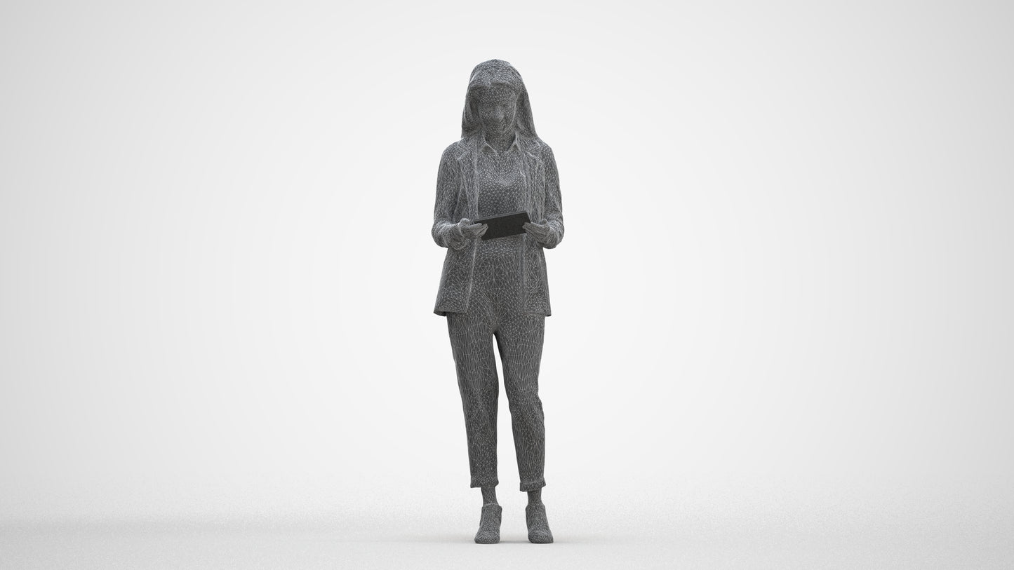 3D human model woman business, photogrammetry scanned person for archviz, three-quarter front view render