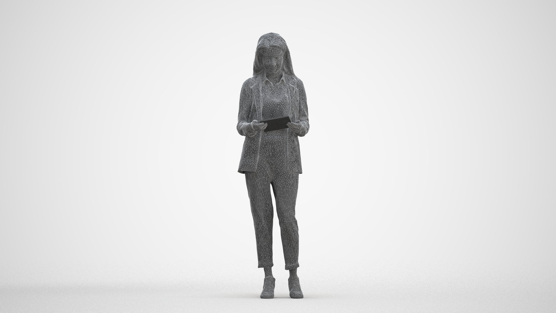 3D human model woman business, photogrammetry scanned person for archviz, three-quarter front view render