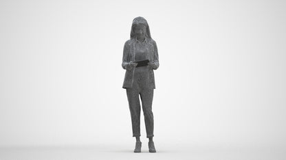 3D human model woman business, photogrammetry scanned person for archviz, three-quarter front view render