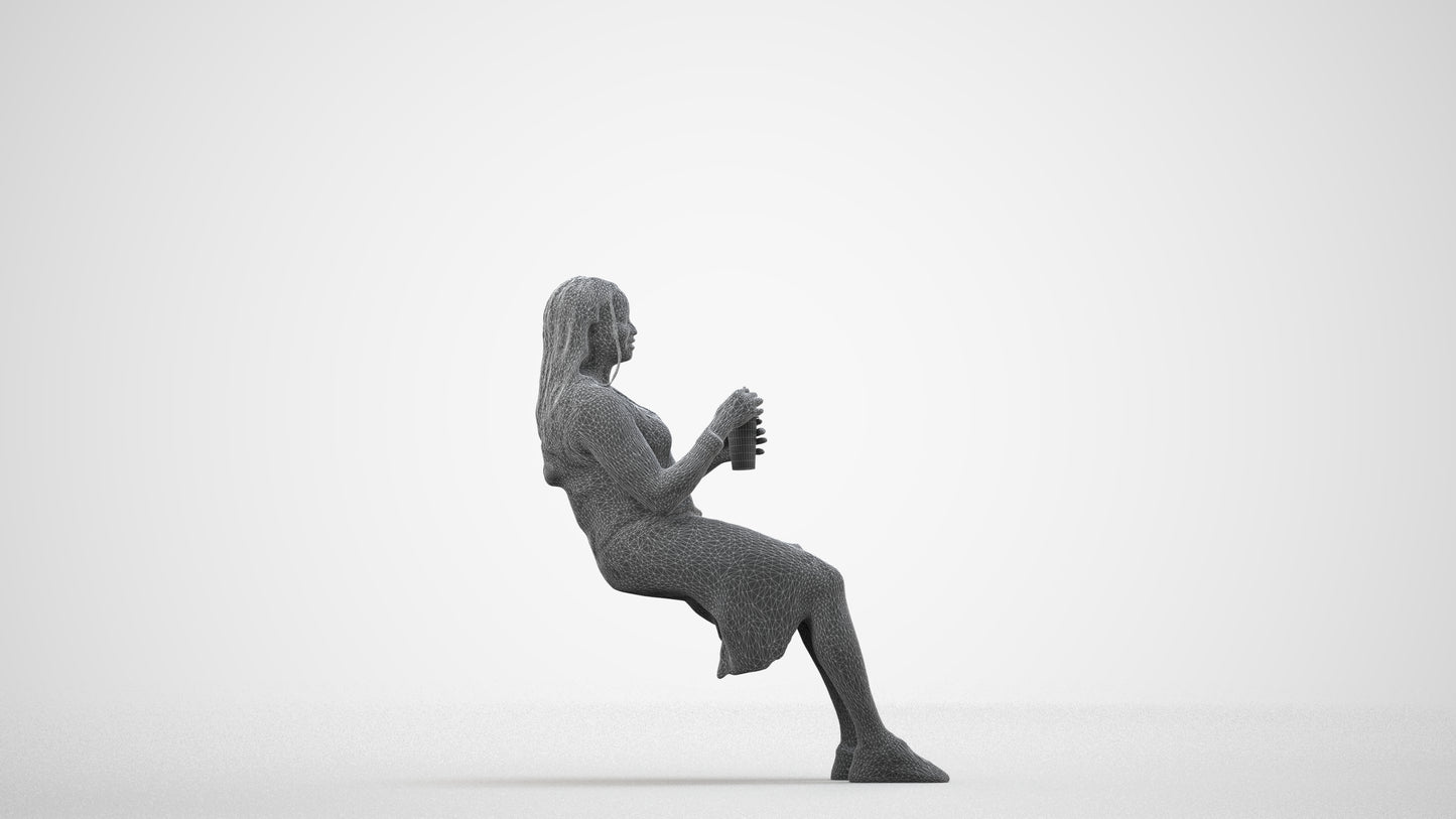 realistic 3D woman casual sitting, scanned archviz people for Blender and 3ds Max, wireframe side view