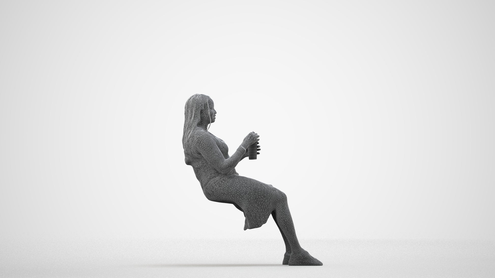 realistic 3D woman casual sitting, scanned archviz people for Blender and 3ds Max, wireframe side view