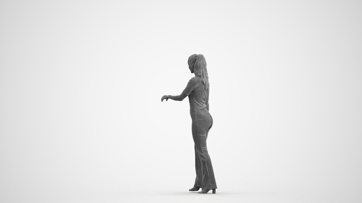 realistic 3D human woman casual door, archviz people FBX OBJ for Blender, wireframe front view