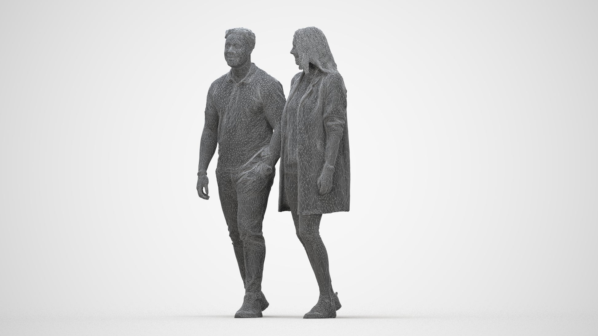 photogrammetry 3D woman casual couple, realistic human model archviz FBX, wireframe back view