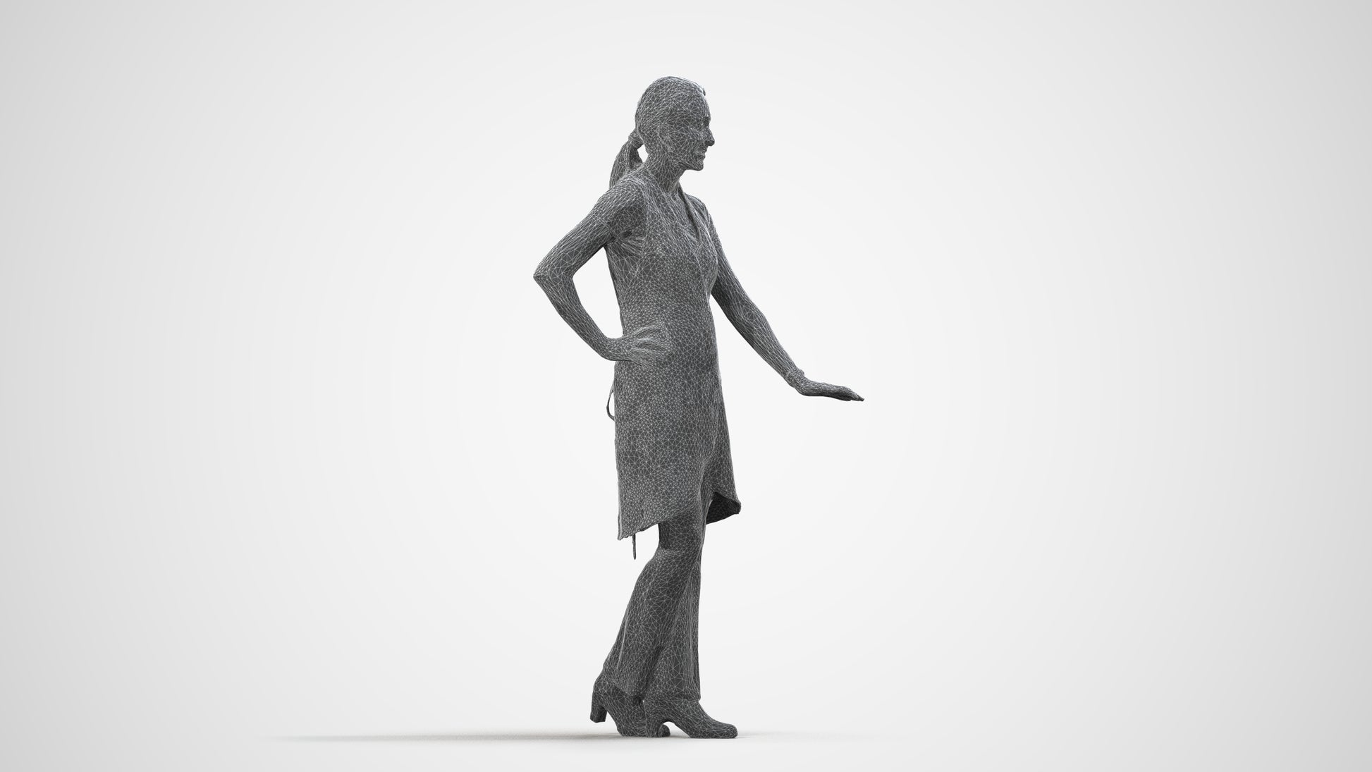 3D people model woman hospitality, scanned human for 3ds Max rendering, wireframe side view