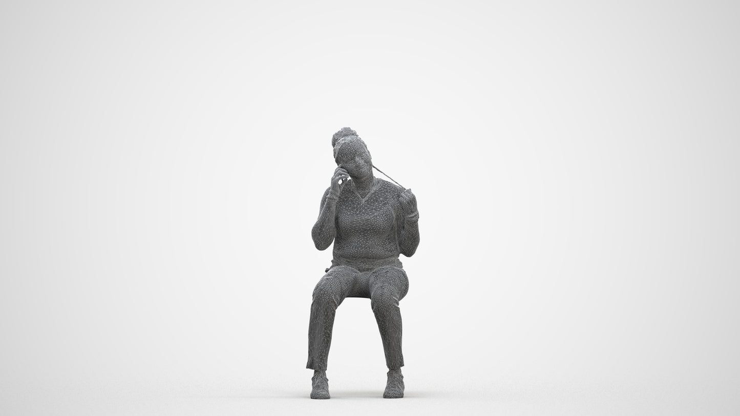 scanned 3D woman casual sitting, photogrammetry people for Enscape and V-Ray, three-quarter front view render