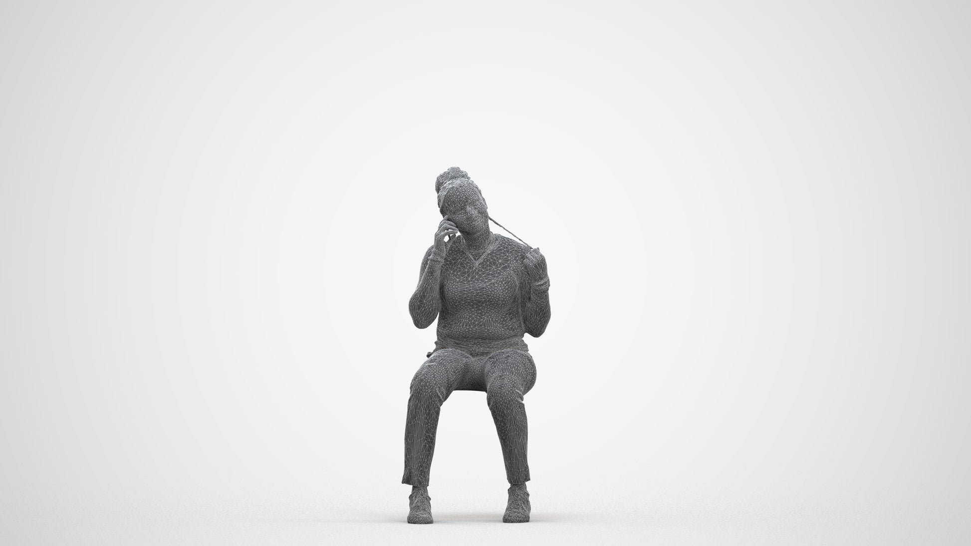 scanned 3D woman casual sitting, photogrammetry people for Enscape and V-Ray, three-quarter front view render