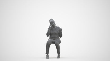scanned 3D woman casual sitting, photogrammetry people for Enscape and V-Ray, three-quarter front view render