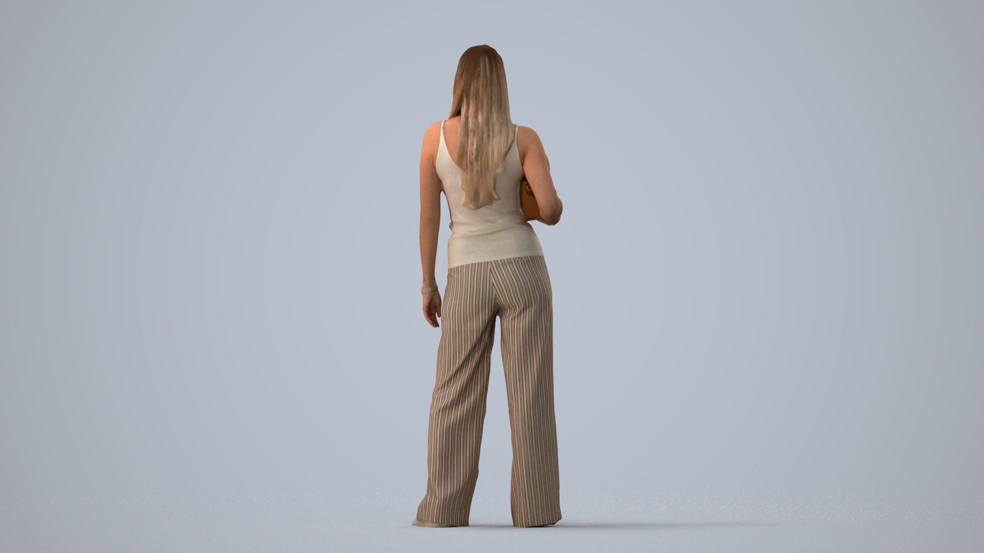 realistic 3D woman casual standing, scanned archviz people for Blender and 3ds Max, three-quarter view render