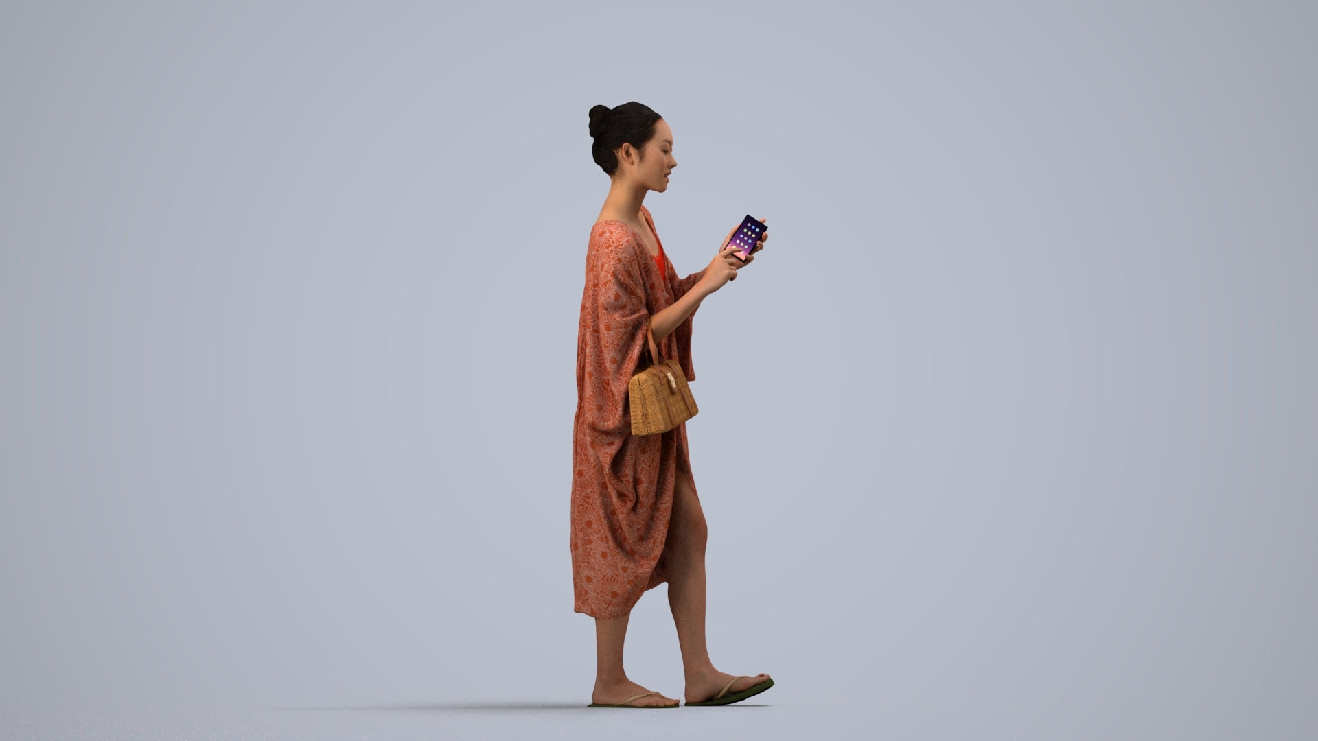 photogrammetry 3D woman walking, realistic human model archviz FBX, side view render
