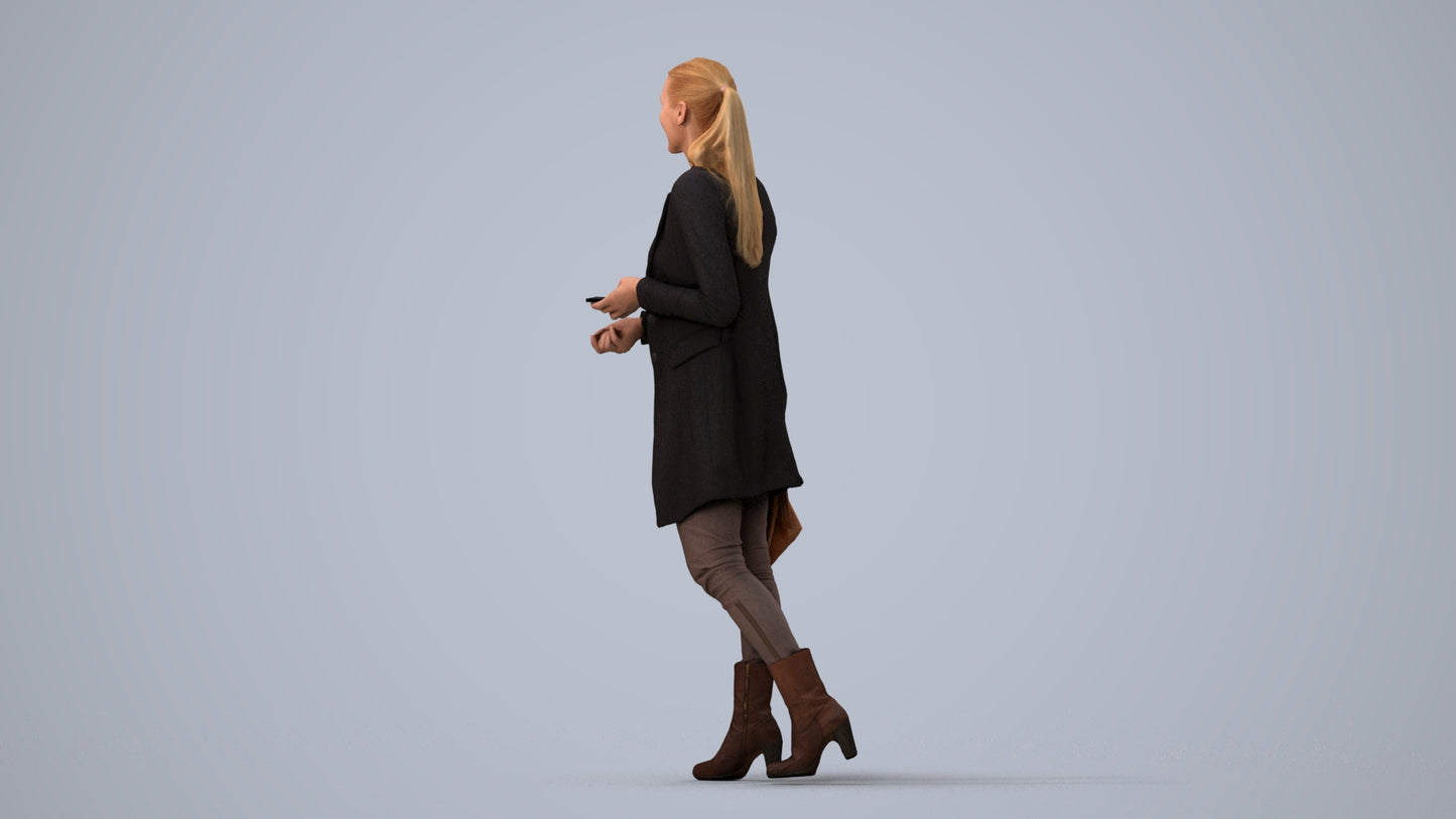 3D human model woman business walking, photogrammetry scanned person for archviz, three-quarter view render