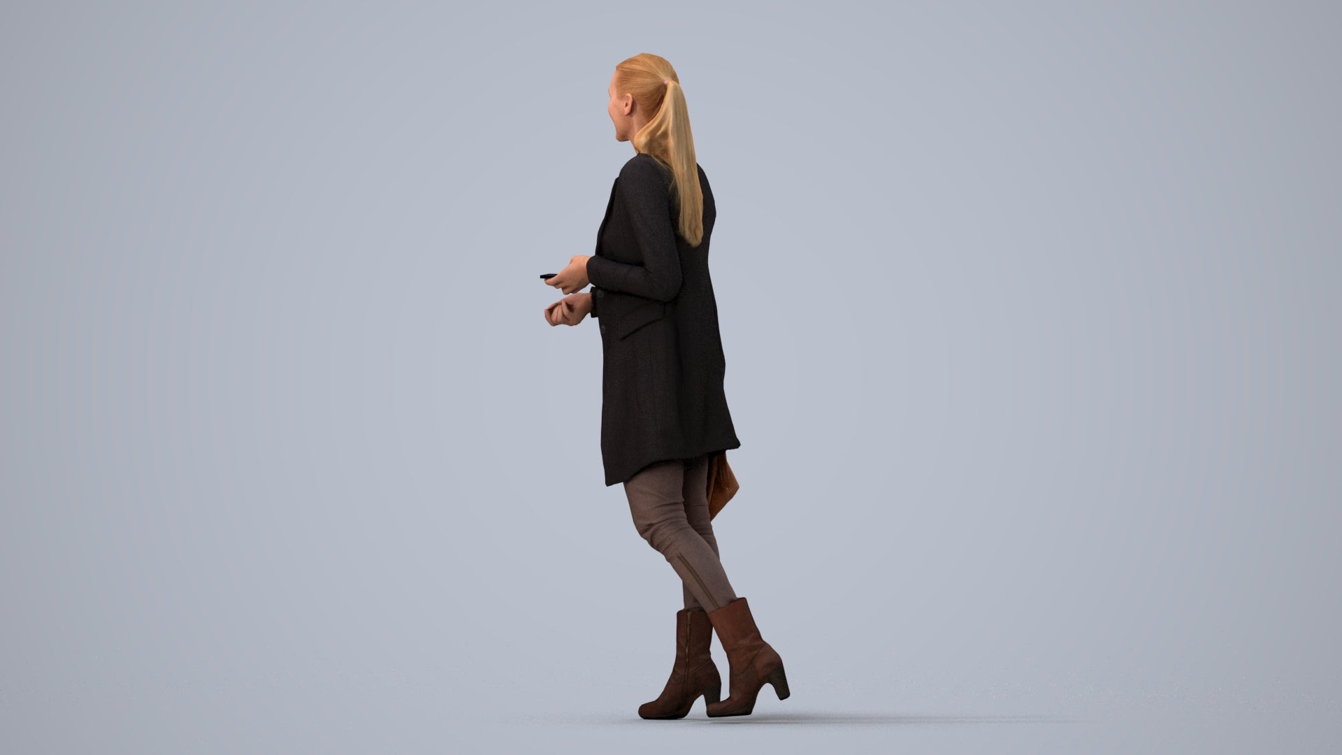 3D human model woman business walking, photogrammetry scanned person for archviz, three-quarter view render