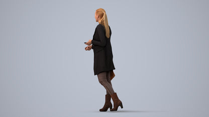 3D human model woman business walking, photogrammetry scanned person for archviz, three-quarter view render