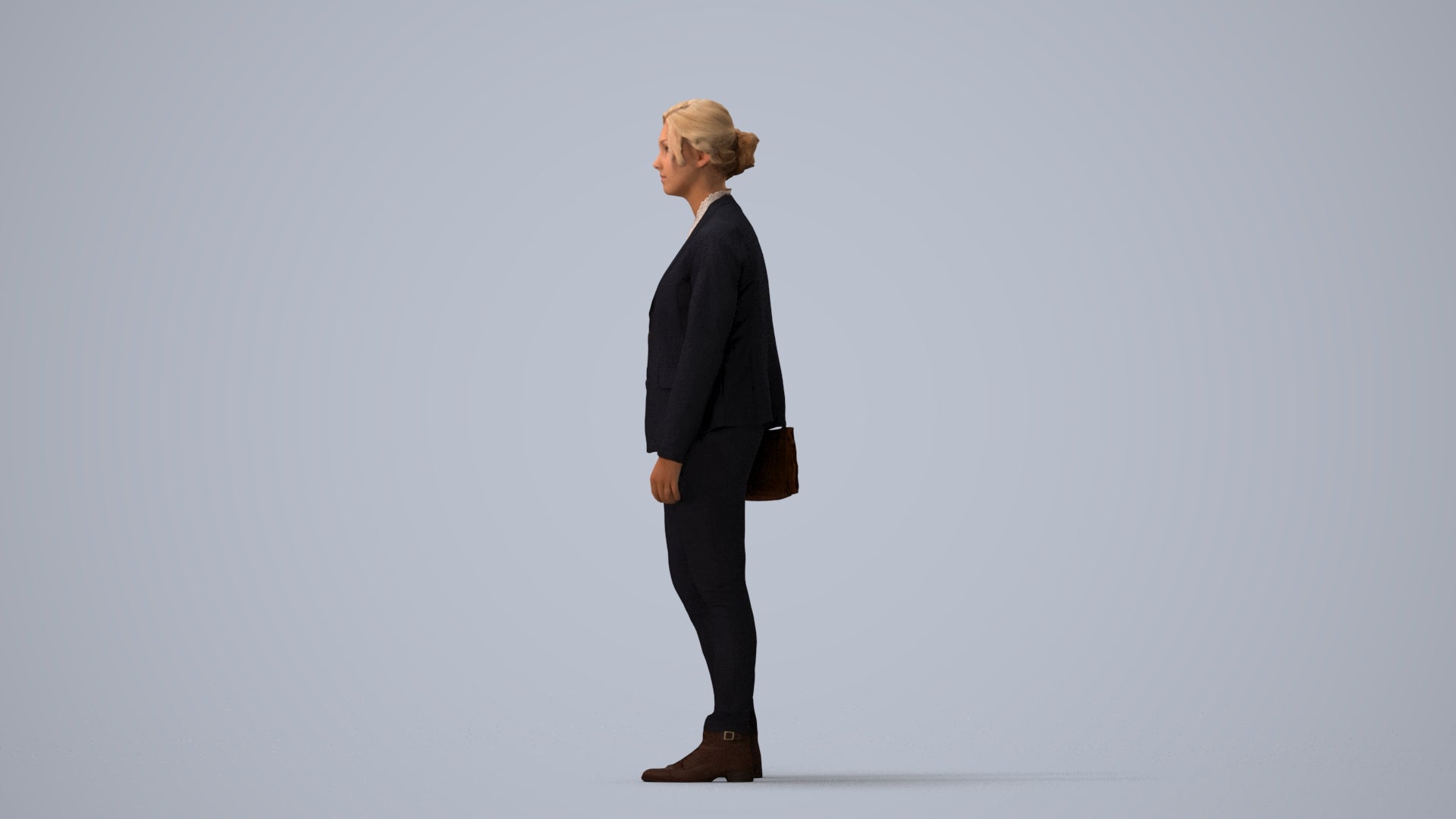 realistic 3D human woman business, archviz people FBX OBJ for Blender, three-quarter view render