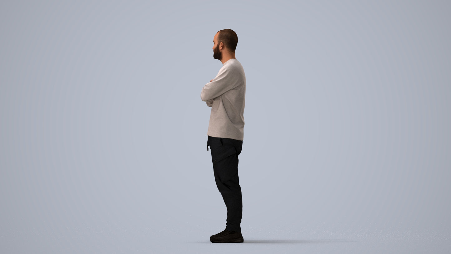 3D human model man casual standing, photogrammetry scanned person for archviz, three-quarter view render