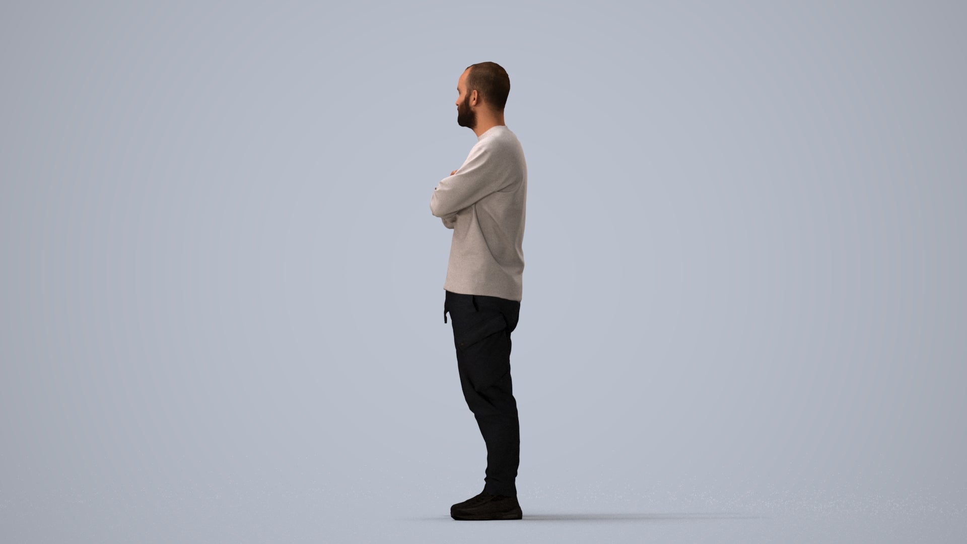 3D human model man casual standing, photogrammetry scanned person for archviz, three-quarter view render