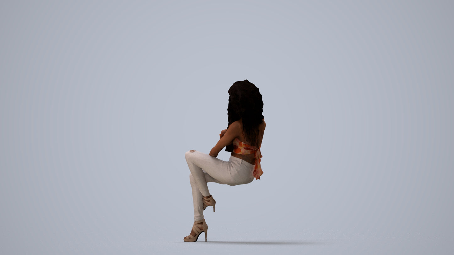 3D people model woman casual sitting, scanned human for 3ds Max rendering, three-quarter view render