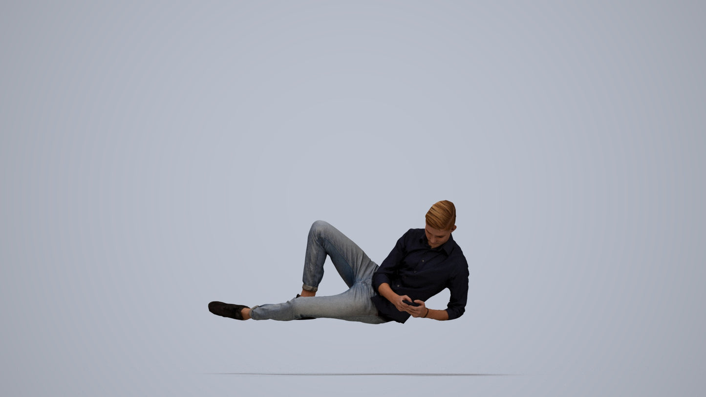 photogrammetry 3D man casual sitting, realistic human model archviz FBX, top-down view render