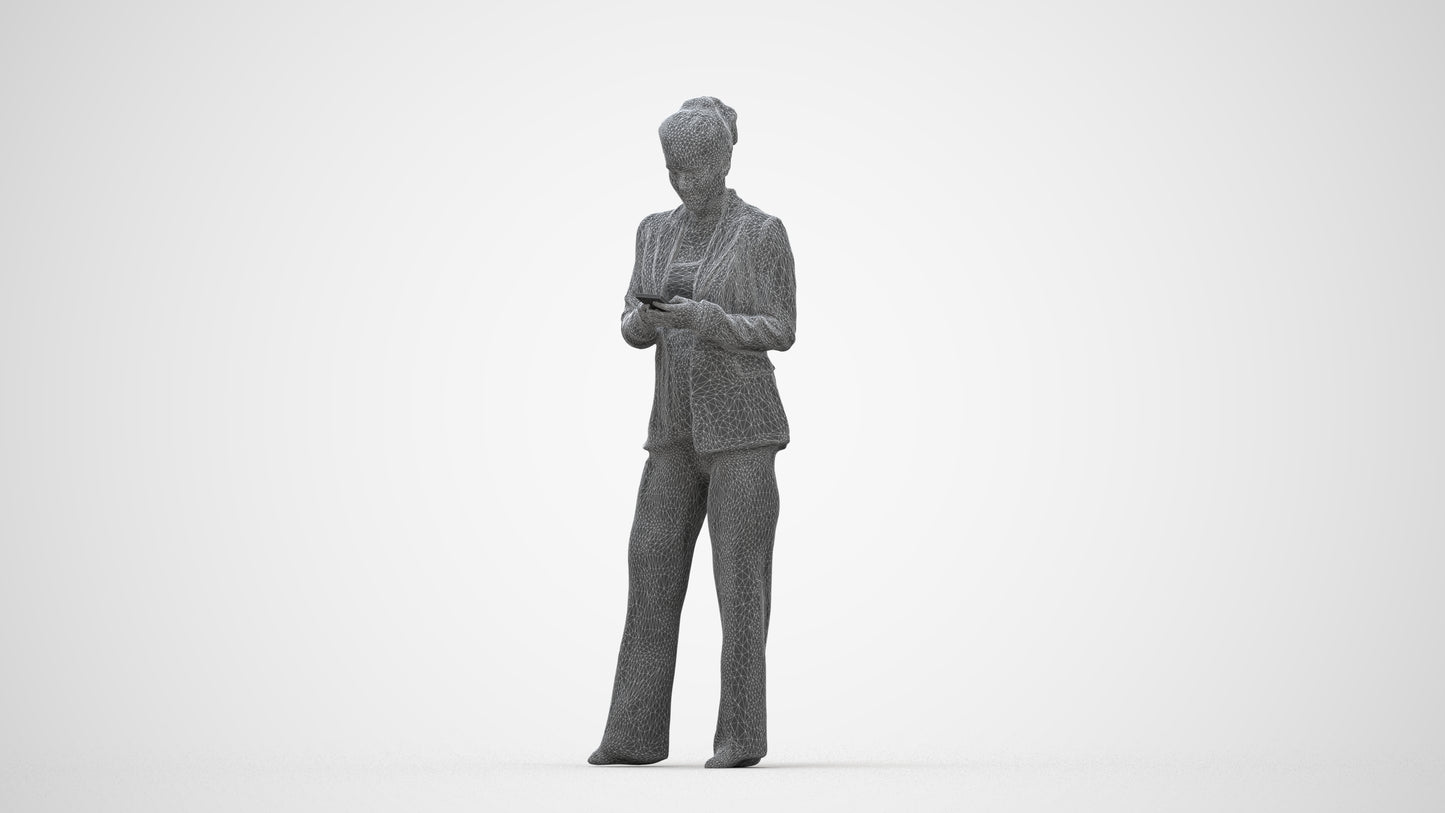 3D human model woman business standing, photogrammetry scanned person for archviz, wireframe back view