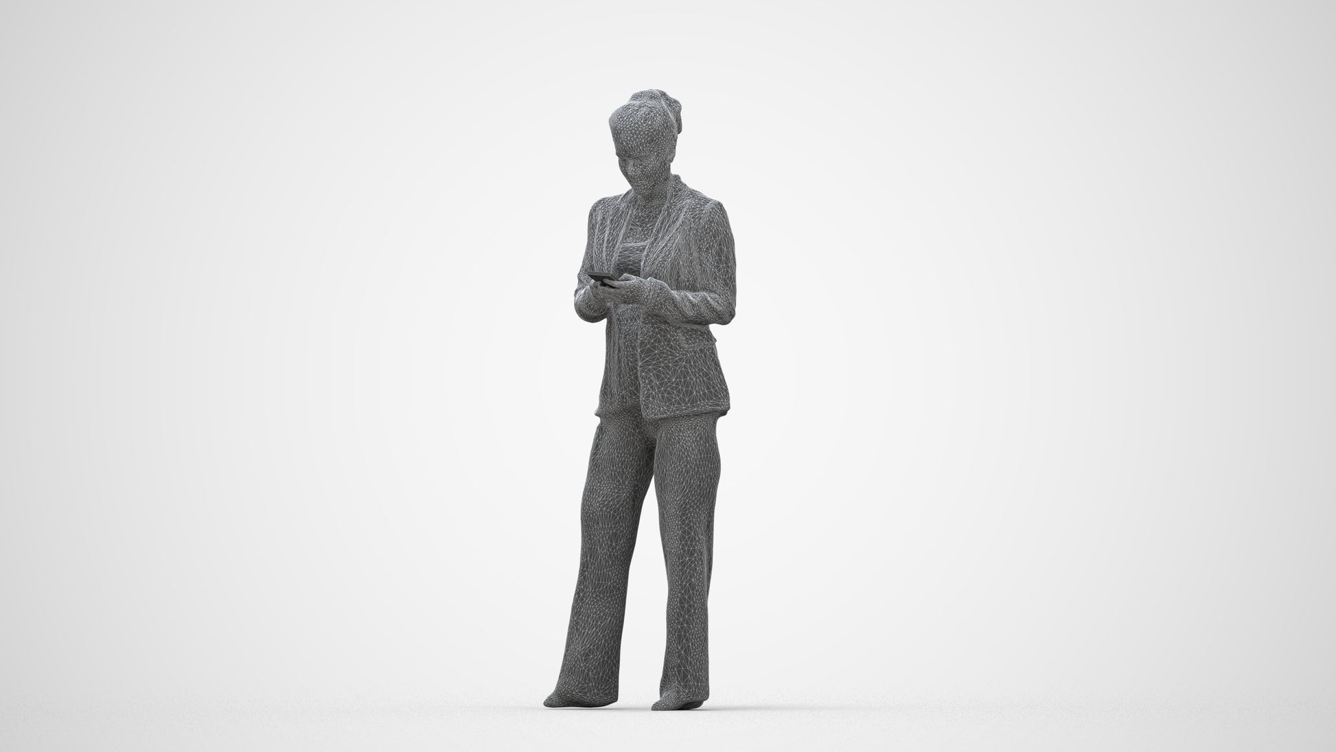 3D human model woman business standing, photogrammetry scanned person for archviz, wireframe back view