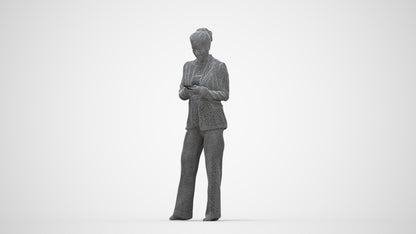 3D human model woman business standing, photogrammetry scanned person for archviz, wireframe back view