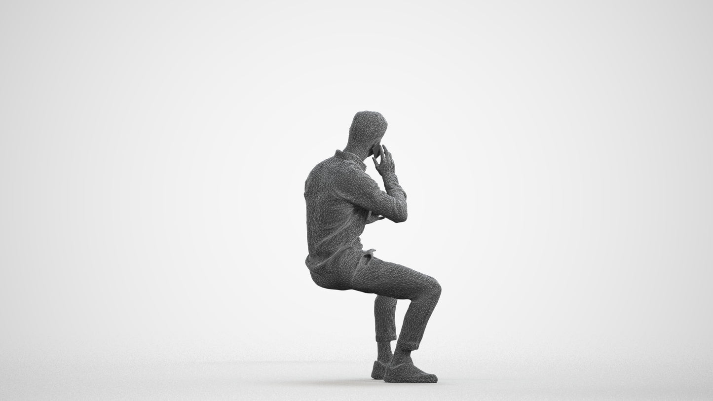 realistic 3D people man casual sitting, render-ready for V-Ray and Corona, FBX OBJ, wireframe front view