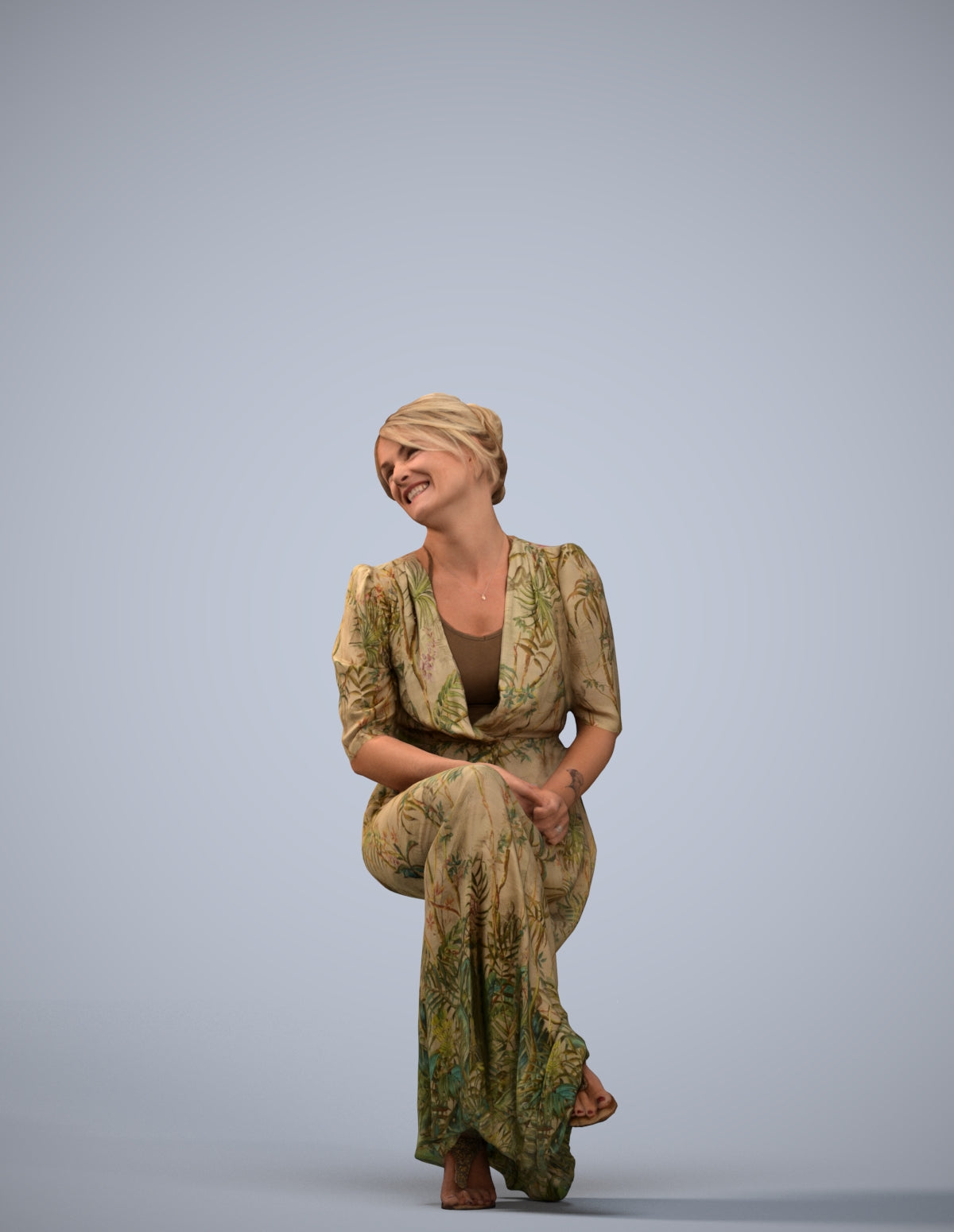 3D scanned woman sitting casual, photorealistic archviz people for Enscape and SketchUp