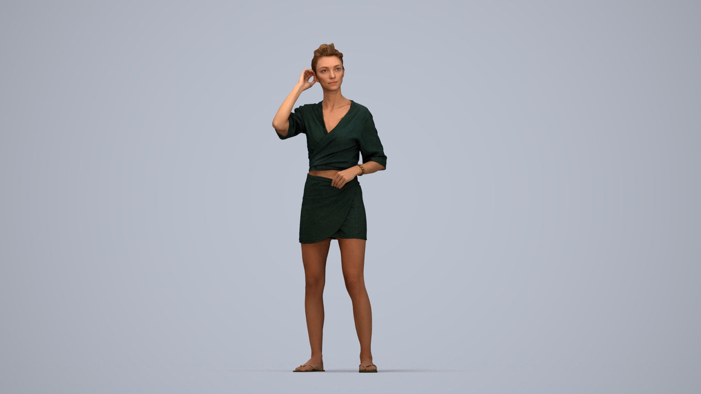 3D human model woman casual standing, photogrammetry scanned person for archviz, top-down view render