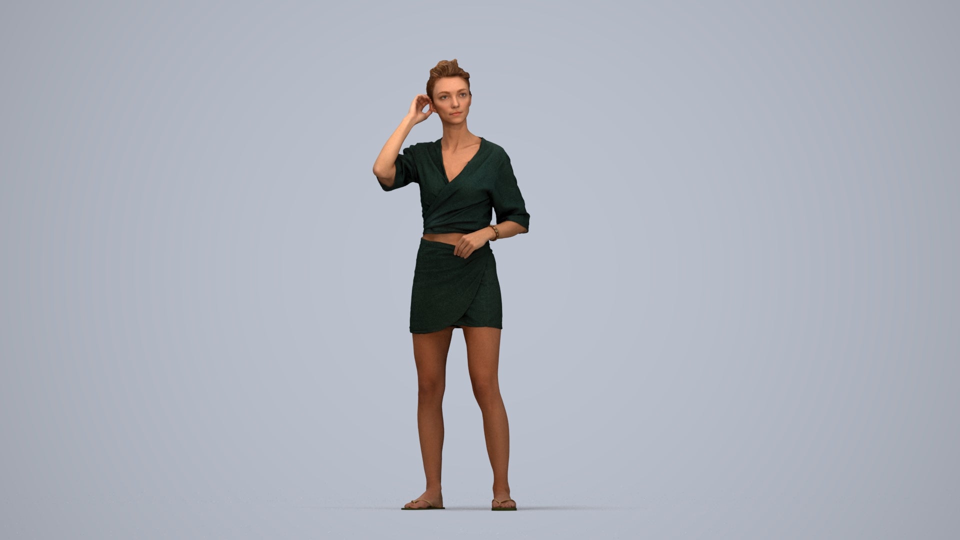 3D human model woman casual standing, photogrammetry scanned person for archviz, top-down view render