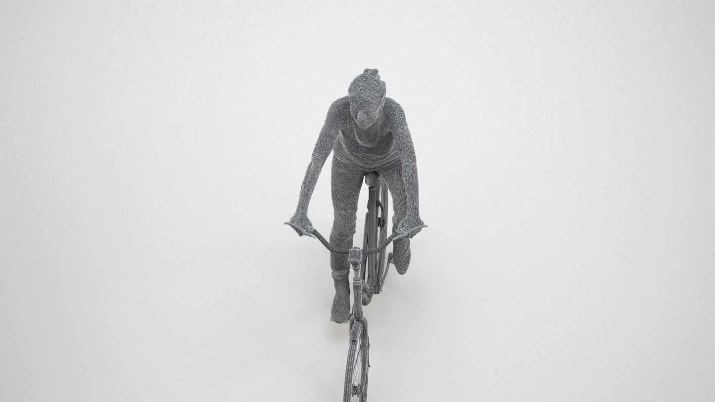 scanned 3D senior woman casual cycling, photogrammetry people for Enscape and V-Ray, wireframe three-quarter view