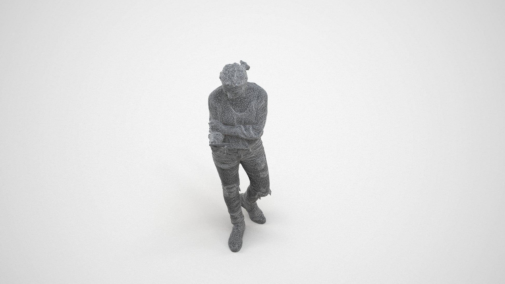 realistic 3D woman casual standing, scanned archviz people for Blender and 3ds Max, wireframe three-quarter view