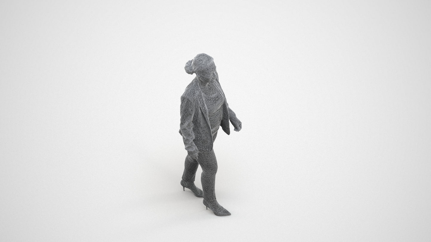 3D human model woman business walking, photogrammetry scanned person for archviz, wireframe three-quarter view