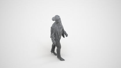 3D human model woman business walking, photogrammetry scanned person for archviz, wireframe three-quarter view